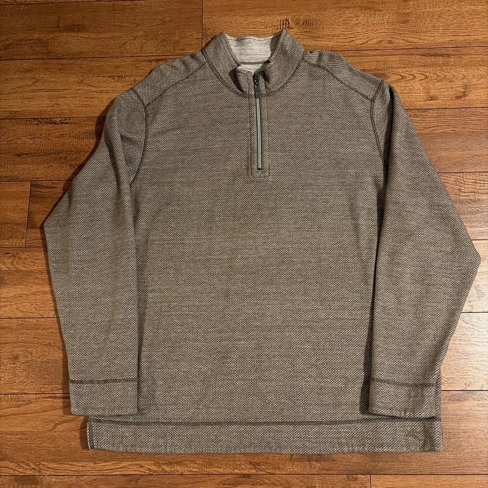 Tommy Bahama Herringbone Quarter Zip Pullover Brown Large Excellent Mock Neck